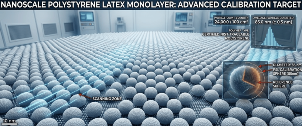Nanoscale polystyrene latex monolayer of uniform 85 nm calibration spheres on a grid, labeled scanning zone and measurement data