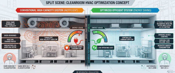 Optimized cleanroom HVAC concept split: left shows inefficient high-capacity turbulent airflow; right shows energy-saving controlled laminar airflow