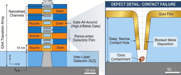 Particle Cross-section of a GAA nanosheet transistor array with 10 nm features showing a 10 nm contaminant particle causing blocked metal deposition and contact failure
