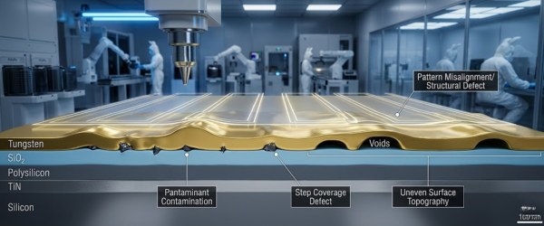 Particle-coated semiconductor cross-section showing Tungsten, SiO₂, Polysilicon layers with voids, contamination, and defects labeled