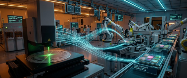 Particle-enabled factory floor with robotic arms assembling microchips, laser processing wafers and flowing data streams across conveyors