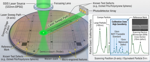Particle-focused laser wafer scan showing detection zones, defects, and particle count calibration information