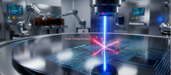 Particle inspecting semiconductor wafer under focused blue laser in a cleanroom, highlighting 10nm contamination on circuit surface