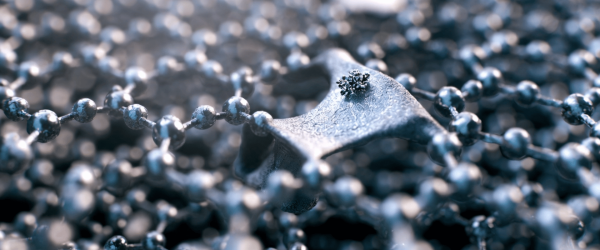 Particle metallic microstructure with connected spheres and a central crystal-like cluster in a futuristic 3D scientific view