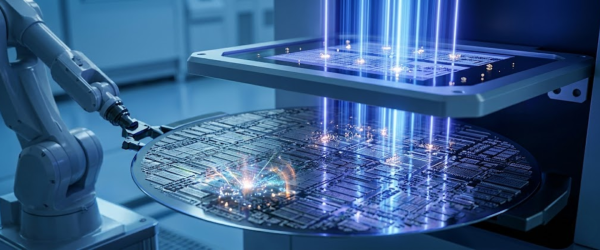 Particle-packed semiconductor wafer under robotic arm with blue laser beams scanning circuits, tiny particle sparks highlighting microchips