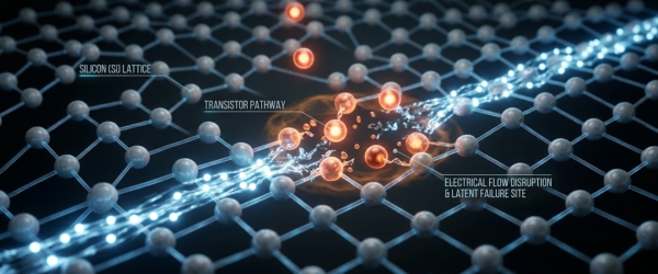 Particle silicon lattice surface with glowing particles disrupting transistor pathway and electrical flow, futuristic circuitry fault visualization