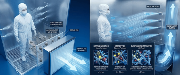 Person in cleanroom suit passing through an air shower; contaminated air and particles removed by pre-filter and HEPA filter into a closed-loop clean airflow system