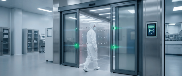 Person in full cleanroom suit and mask walking through a high-tech airlock door into a sterile laboratory environment