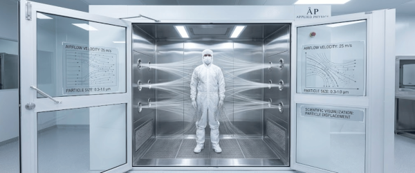 Person in full cleanroom suit stands inside an air shower with multiple jets directing airflow to remove particles