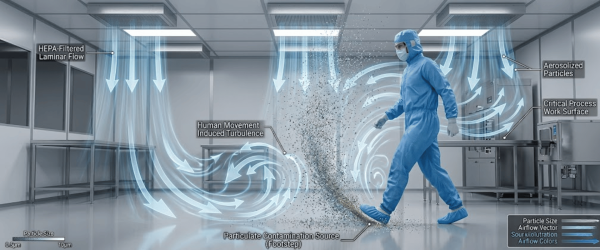 Person in full cleanroom suit walking across sterile lab, HEPA laminar flow disrupted by footstep aerosolizing particles toward critical work surface