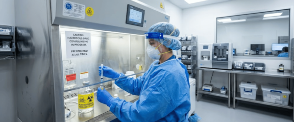 Pharmacist in full PPE compounding hazardous sterile medication inside a controlled laboratory hood, using pipette and biohazard container