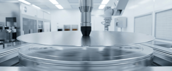 Polished silicon wafer being processed under a precision robotic arm in a cleanroom semiconductor fabrication facility