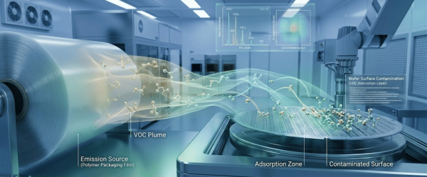 Polymer packaging film emits VOC plume toward a wafer in cleanroom, showing adsorption zone and contaminated wafer surface