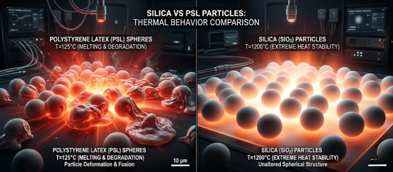 Polystyrene latex spheres melting and fusing at 125°C on left; intact silica (SiO2) spheres glowing and stable at 1200°C on right, lab setup