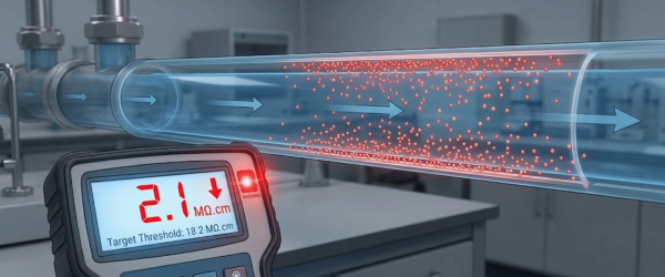 Portable meter showing "2.1 MΩ·cm" with warning, measuring conductive particle-filled fluid flowing through a transparent pipe in lab