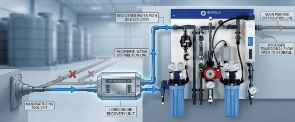 Recovered purified water system showing inline recovery unit, filters, gauges and piping with closed-loop distribution and bypass to storage
