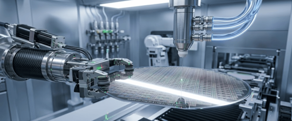 Robotic arm and precision tool inspecting a silicon wafer inside a cleanroom, with tubes and machinery for semiconductor fabrication