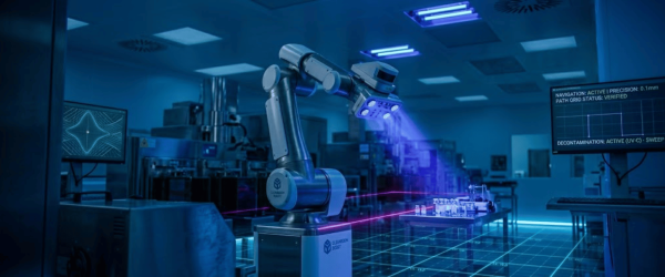 Robotic arm disinfecting lab equipment with blue UV light and holographic grid in a high-tech laboratory