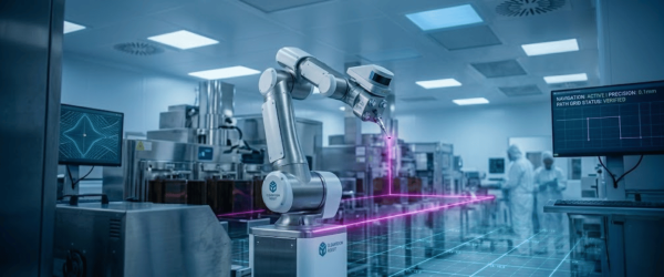 Robotic arm in a cleanroom performing precision laser inspection over a high-tech production line with engineers monitoring