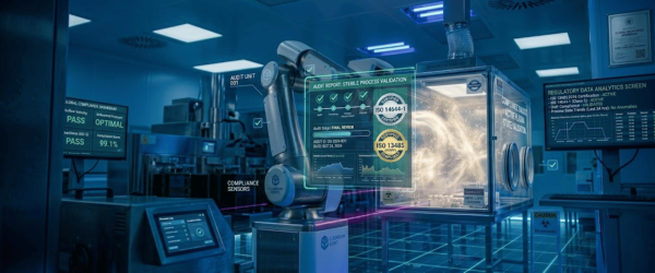Robotic arm in a sterile lab inspecting sealed chamber with holographic compliance screens, analytics dashboards, and glowing sample
