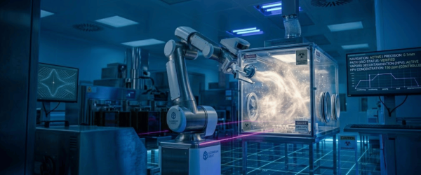 Robotic arm manipulating a sealed transparent biohazard chamber glowing with swirling energy amid a high-tech laboratory