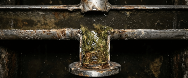 Rusty metal pipe junction with thick green algae and sludge oozing from the seam