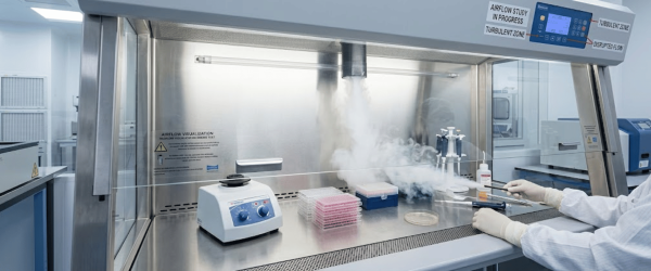 Scientist in gloves working at a biosafety cabinet with pipettes, plates, vortexer and visible airflow smoke for visualization