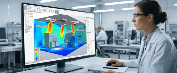 Scientist in lab analyzing colorful airflow simulation on a large monitor showing ventilation zones, velocities, and equipment layout