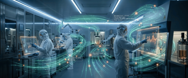 Scientists in full cleanroom gear interacting with transparent data displays showing microbial counts, graphs, and particle flow