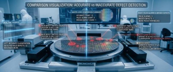 Semiconductor wafer inspection overlay showing defect detection comparison, marked valid defects, false alarms and missed defects
