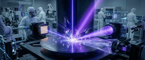 Semiconductor wafer under violet laser processing in a cleanroom with technicians and robotic equipment monitoring the process