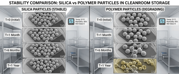Side-by-side comparison of silica stable and polymer degrading particles over time in cleanroom storage