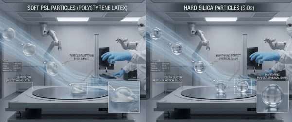 Soft PSL (polystyrene latex) vs hard silica (SiO2) particles falling onto a silicon wafer in a cleanroom, showing particle flattening versus maintained spherical shape