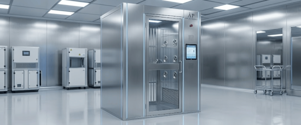 Stainless steel cleanroom air shower unit centered in a sterile lab with HVAC cabinets and trolley, bright ceiling lights, reflective floors