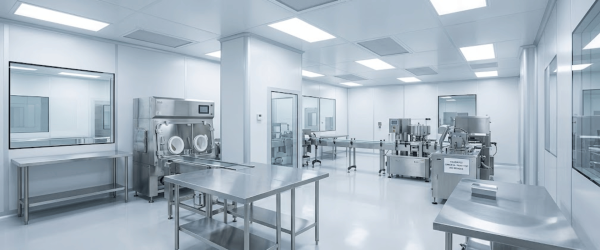 Sterile, bright pharmaceutical cleanroom with stainless steel tables, glovebox isolator, conveyor line and packaging machinery