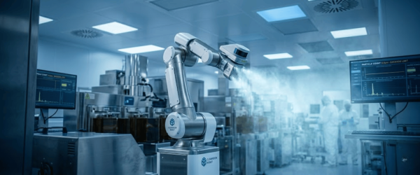 Sterile cleanroom with a robotic arm spraying disinfectant while technicians monitor production on two screens