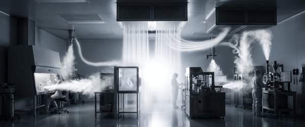 Sterile laboratory with technicians in protective suits operating equipment as airflow and vapor streams circulate through the room