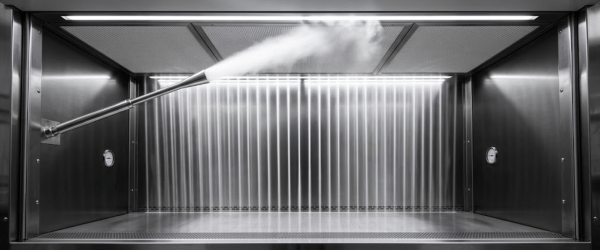 Sterile stainless-steel biosafety cabinet interior with vertical airflow, pressure gauges, and USP 797 label visible