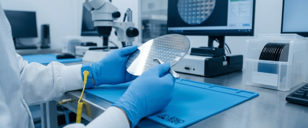 Technician in cleanroom gloves inspecting a silicon wafer under microscope with computers