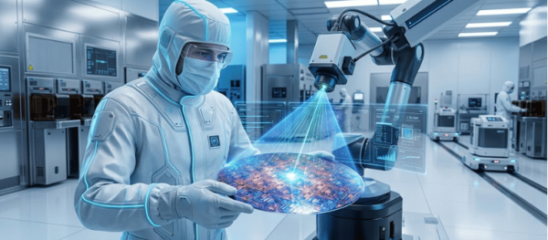 Technician in cleanroom suit inspects a glowing semiconductor wafer while a robotic arm scans it with holographic data displays