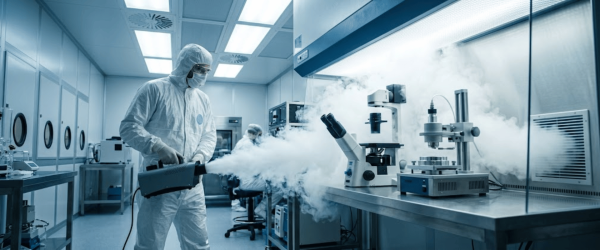 Technician in full cleanroom suit fogging a laboratory bench and microscopes with disinfectant fogger inside sterile lab