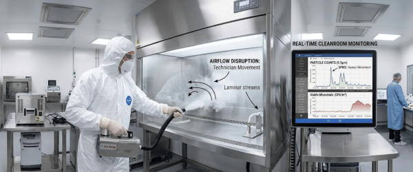Technician in full cleanroom suit fogging a laminar hood while monitors display real-time particle and microbial counts