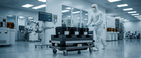 Technician in full cleanroom suit pushes cart with black equipment cases through a sterile semiconductor fabrication facility