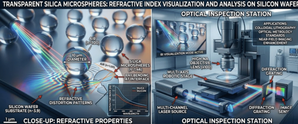 Transparent silica microspheres on a silicon wafer under a laser inspection system, showing refractive patterns and optical microscope setup