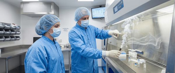Two lab technicians in blue gowns and hairnets working at a fume hood with vials and vapor visible