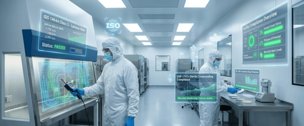 Two lab technicians in full cleanroom suits monitor sterile compounding equipment and digital compliance panels in a controlled ISO-classified pharmaceutical cleanroom