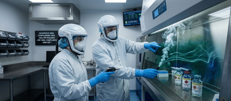 Two lab technicians in full protective suits and gloves handling hazardous drug vials inside a controlled compounding hood