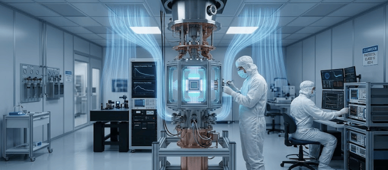 Two technicians in cleanroom suits monitor a quantum computer chamber with glowing core, instruments and airflow visualization