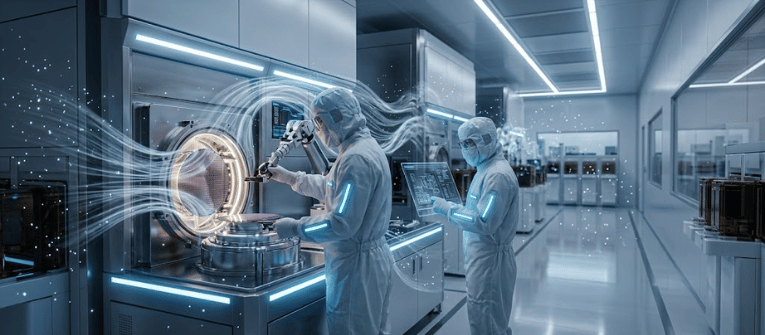 Two technicians in cleanroom suits operate advanced lab equipment with a robotic arm and touchscreen inside a high-tech semiconductor fabrication facility