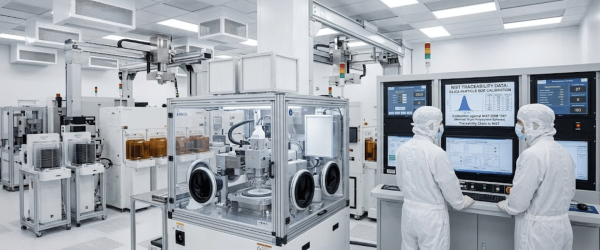 Two technicians in cleanroom suits operating monitors and automated semiconductor fabrication equipment in a bright lab